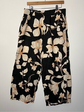 Cynthia Rowley Black Wide-Leg Floral Pants Elasticated Waist Summer